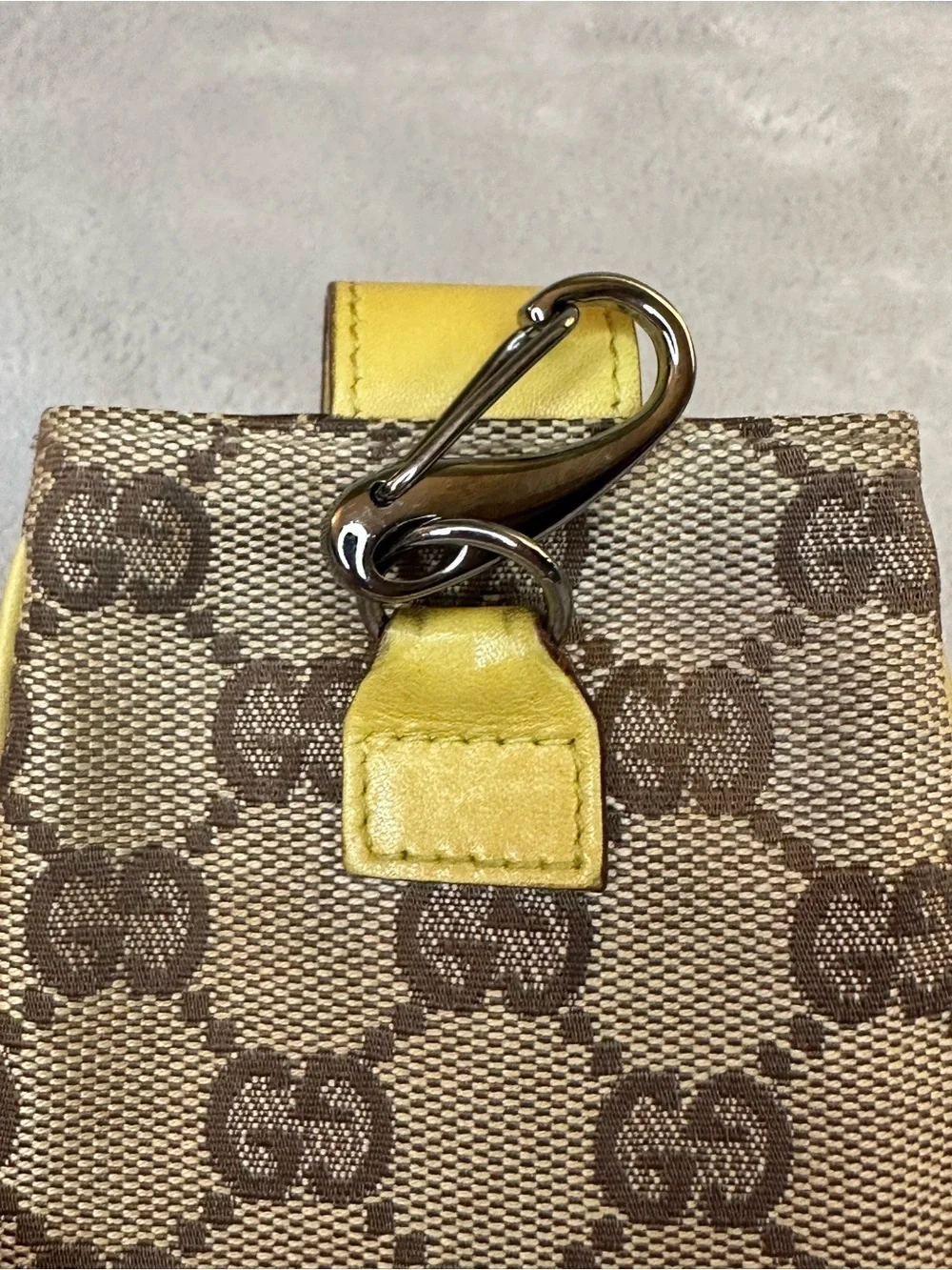 Gucci GG Canvas Mini Pouch Bag Charm Yellow Leather Clip